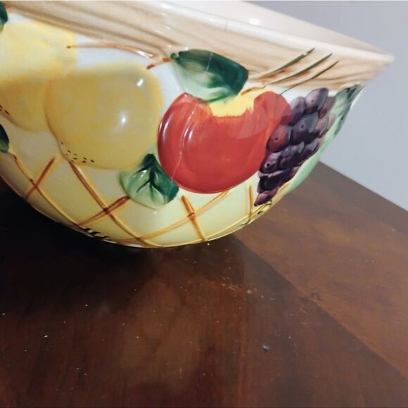Vibrant Red and Yellow Ceramic Cookware Bowl with Rustic Fruit Design - Picture 5 of 7